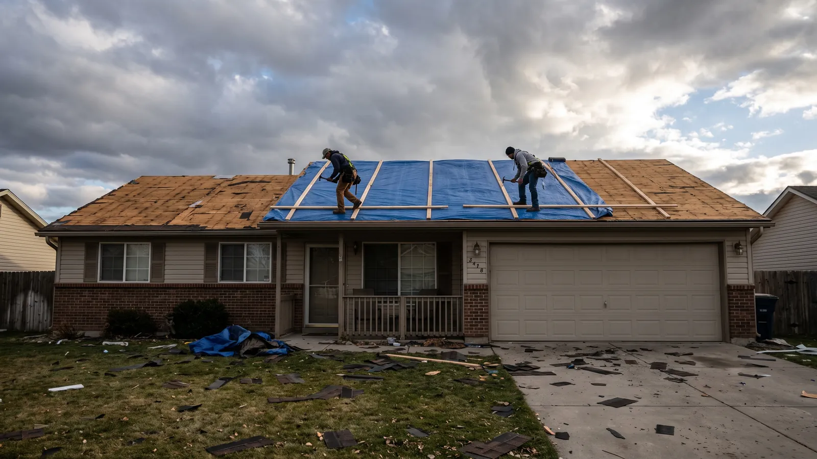 Roofers securing an emergency tarp over a wind-stripped roof slope on a ranch home after a Treasure Valley storm