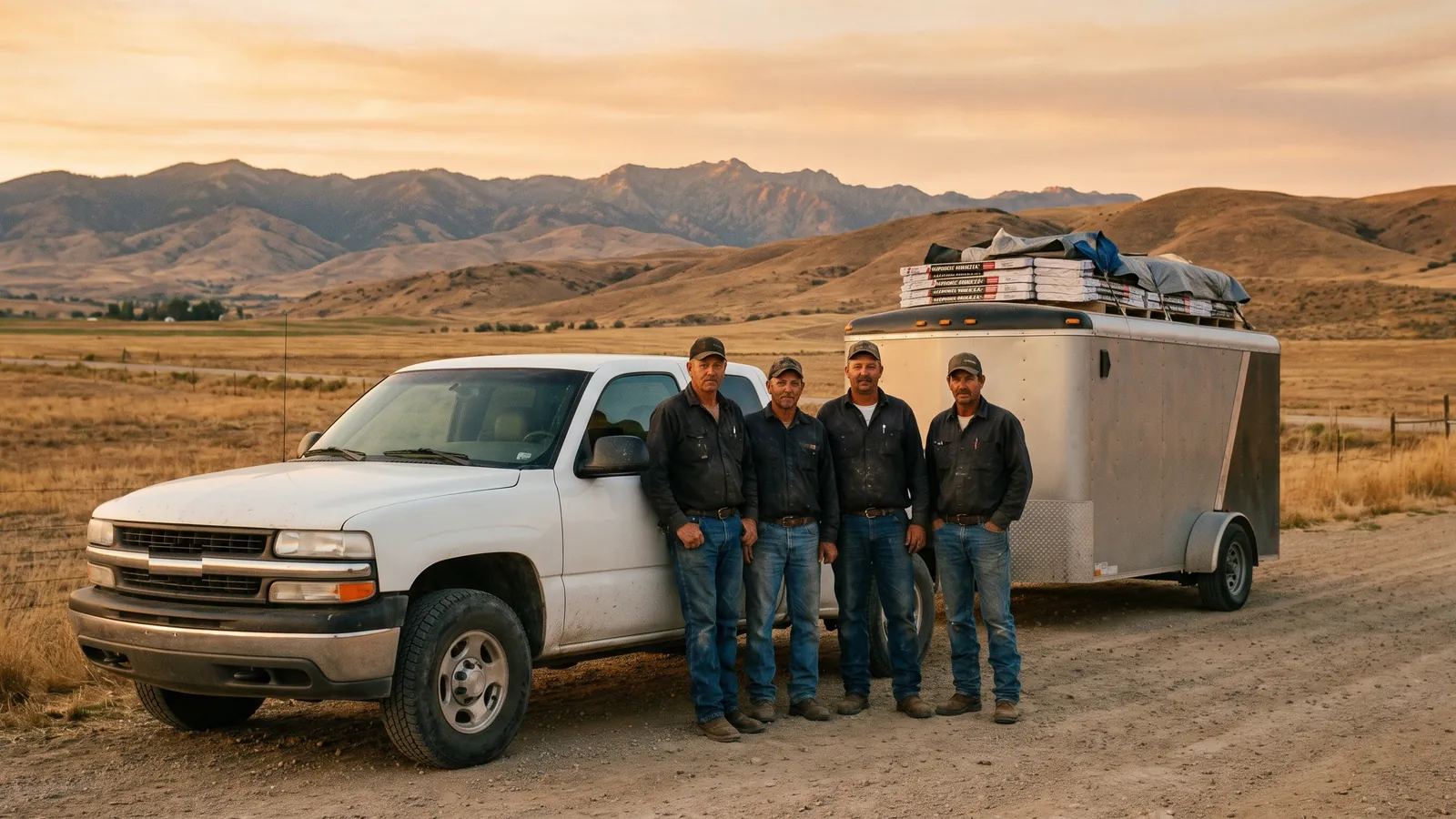 The Meridian Roof Works crew beside their truck and shingle trailer with the Boise Front behind
