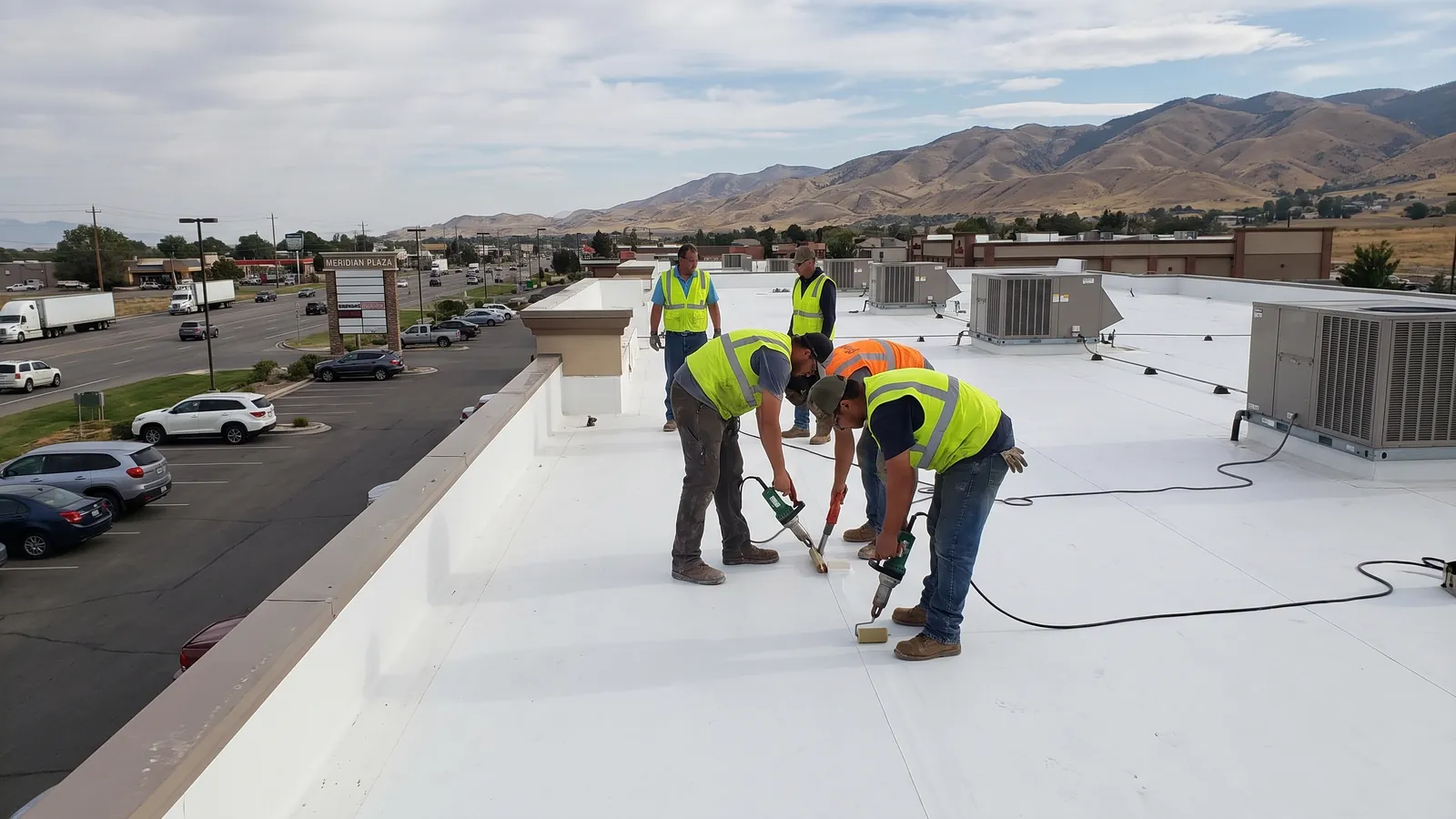 Crew heat-welding white TPO membrane on a flat commercial roof in Meridian, Idaho